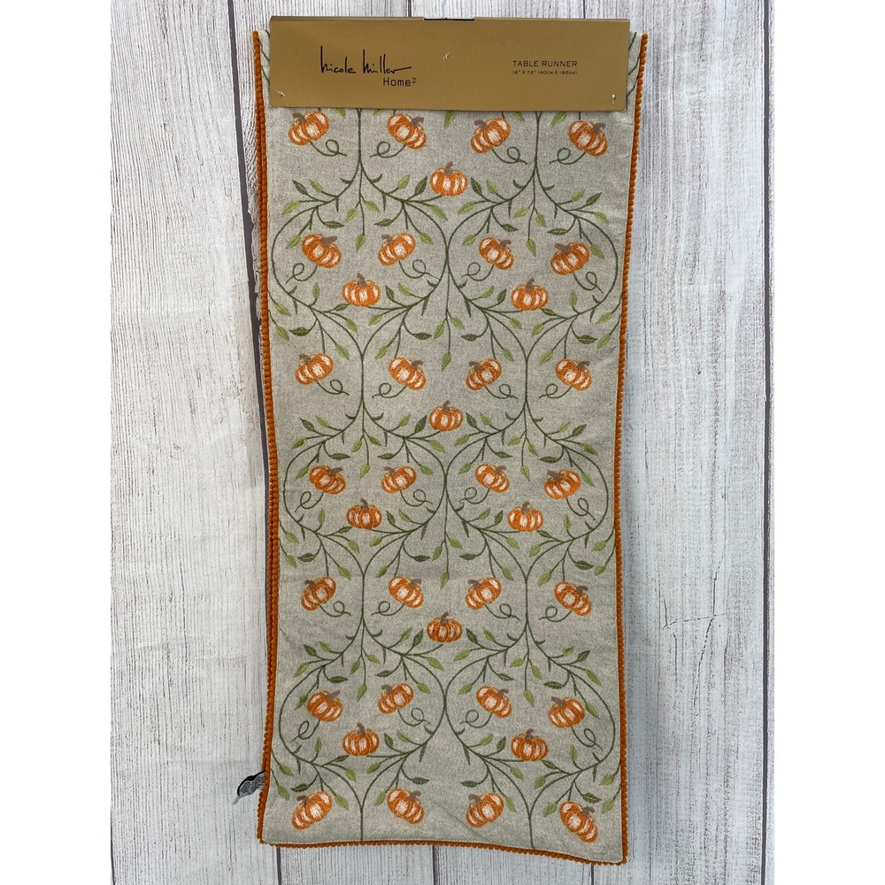 Nicole Miller Table Runner 16x72 Orange Pumpkin Metallic Pom Pom Trim Autumn